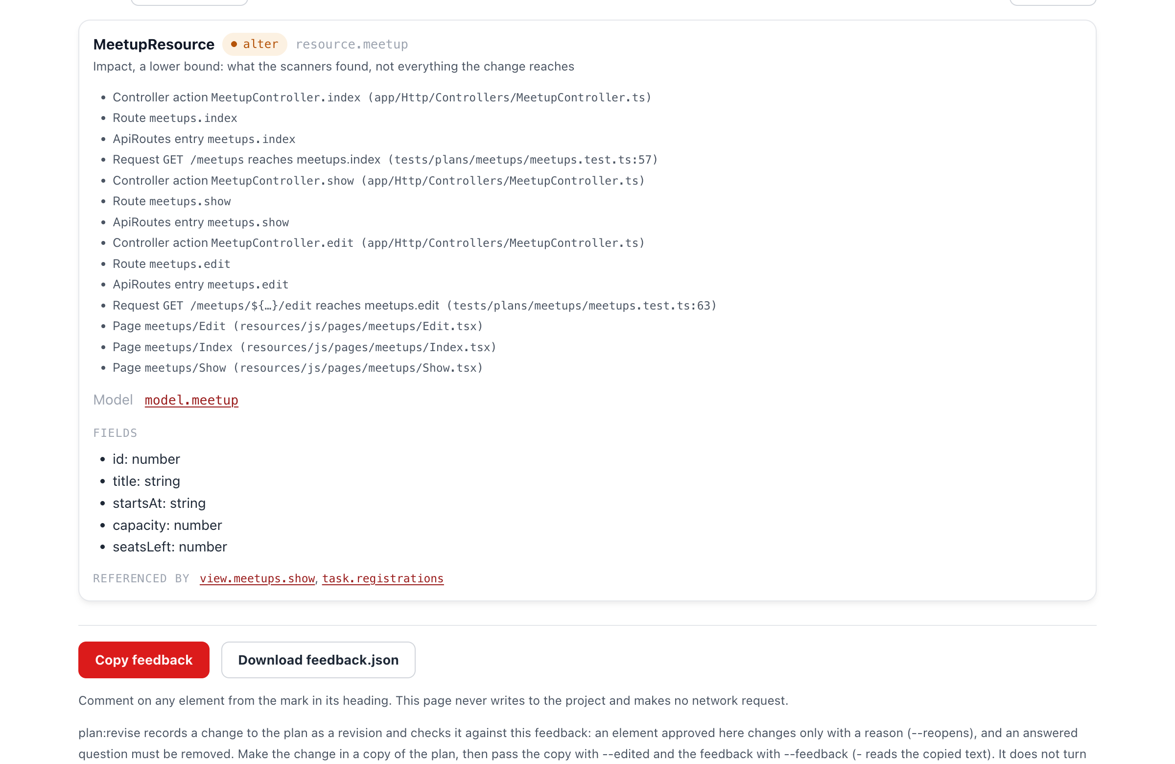 The MeetupResource card on the review page, marked alter. Its Impact list names the index, show and edit actions of MeetupController, their routes and ApiRoutes entries, the test requests reaching index and edit, and the meetups/Edit, Index and Show pages. Below it, the planned fields end with seatsLeft: number