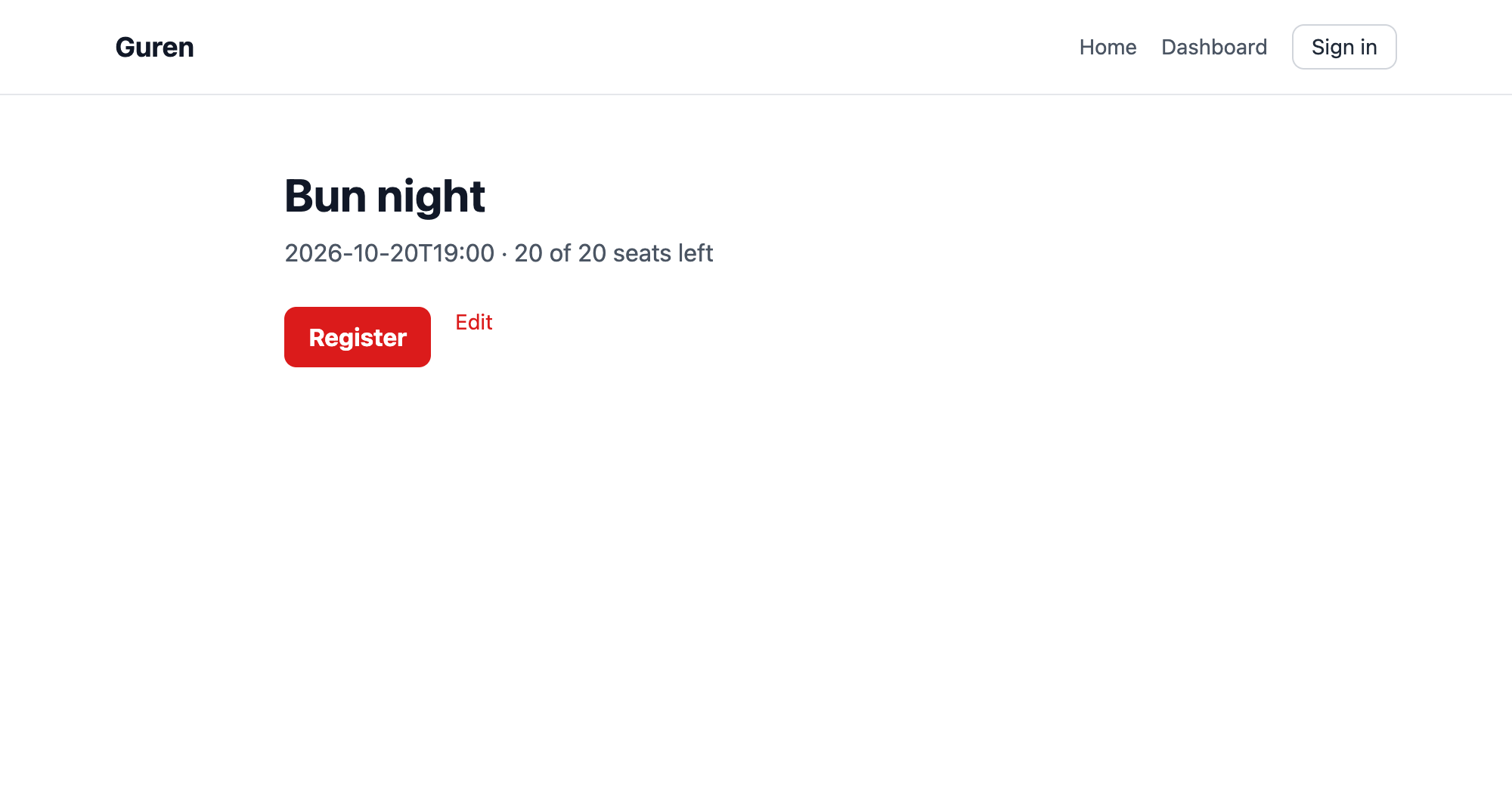 The meetup page for "Bun night": the start time, "20 of 20 seats left", a red Register button and an Edit link