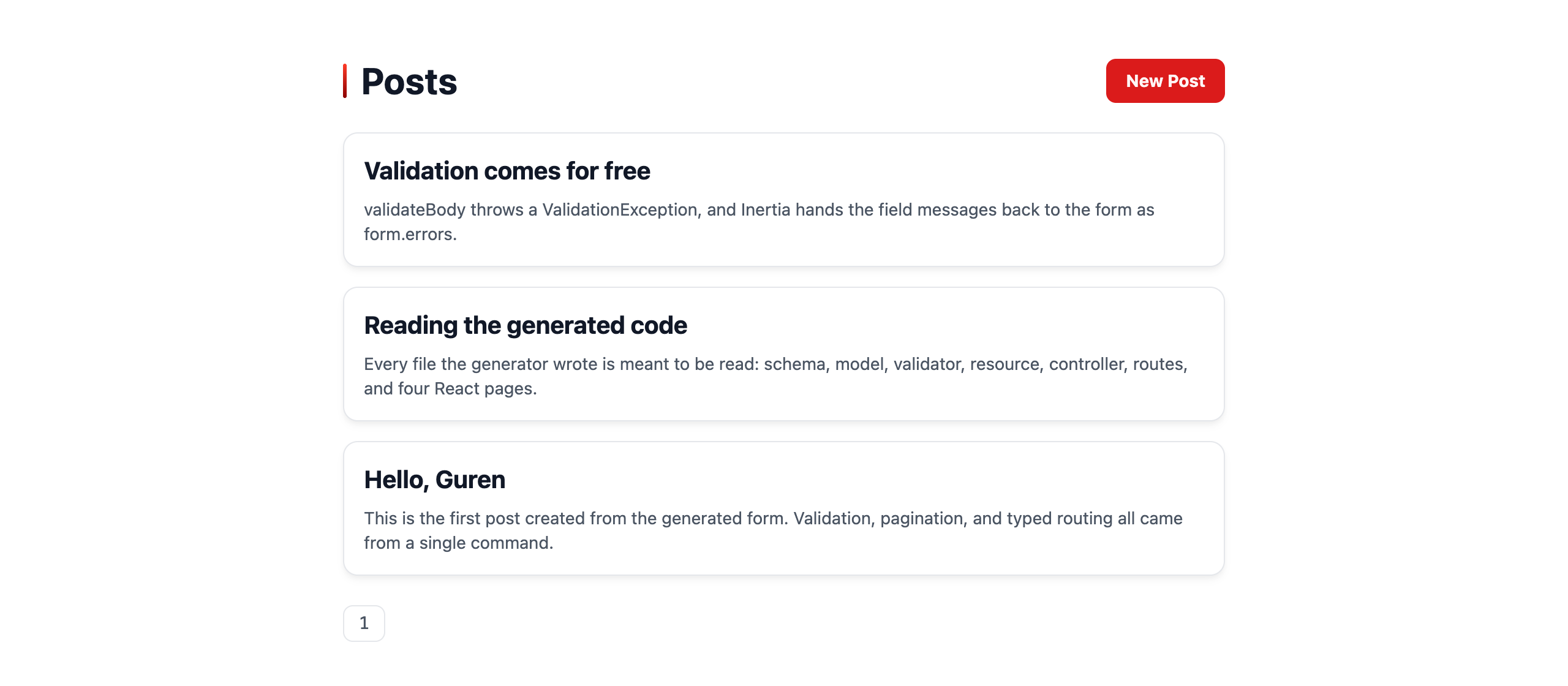 The /posts index page: a "Posts" heading with a New Post button, three posts as cards showing title and body excerpt, and page-number pagination below