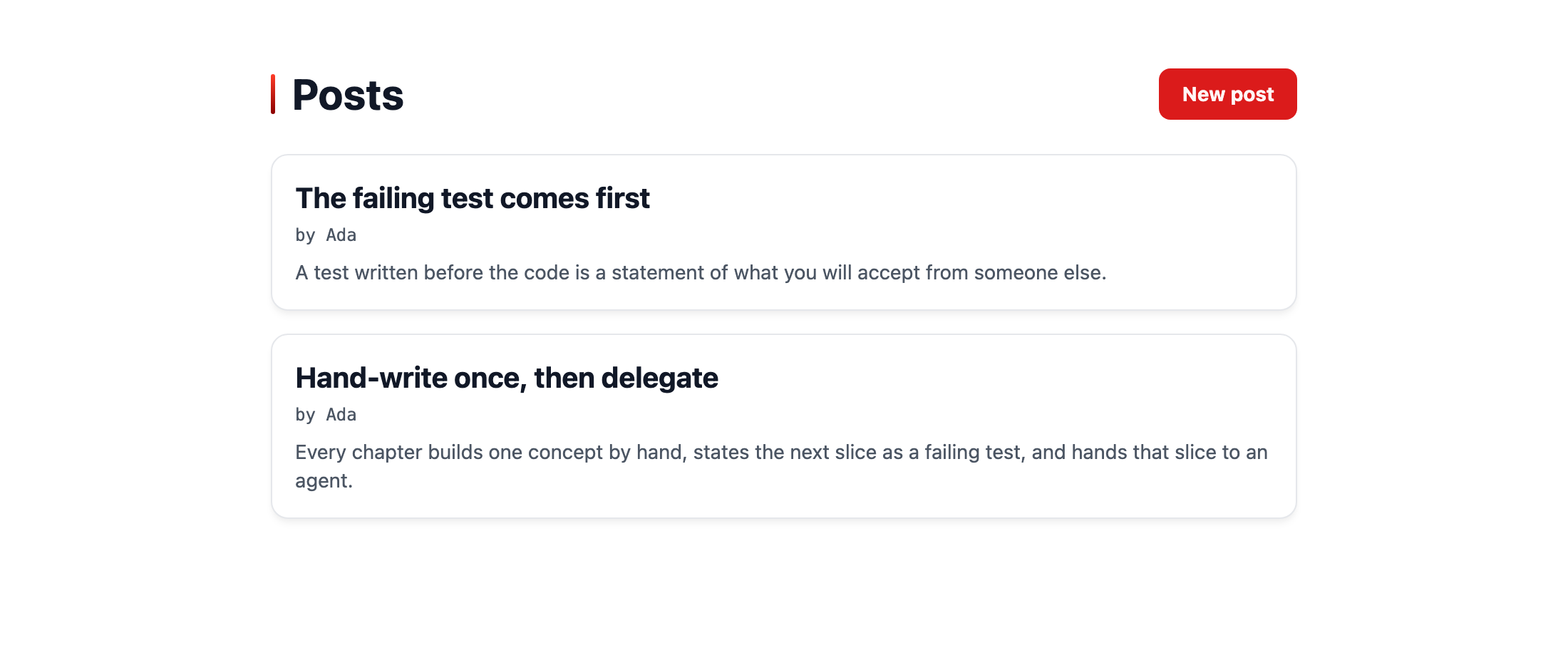 The posts list: a "Posts" heading with a New post button, and two cards, each with a title, a "by Ada" byline, and the start of the body.