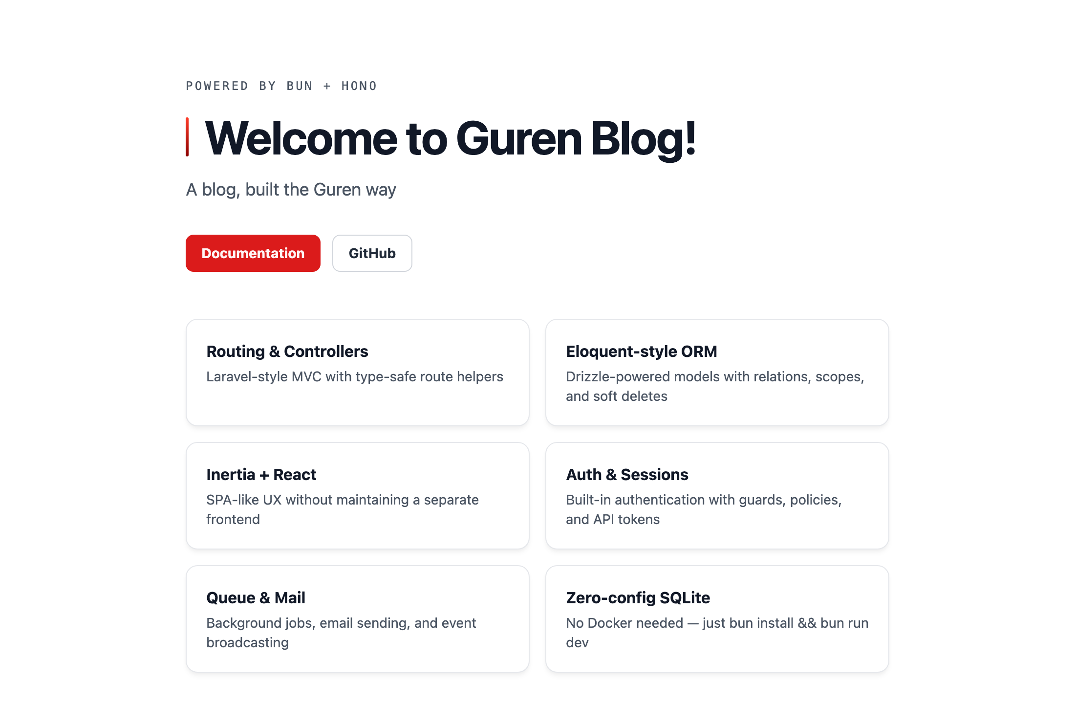The scaffolded welcome page: "Powered by Bun + Hono" above the heading "Welcome to Guren Blog!", the tagline "A blog, built the Guren way", Documentation and GitHub buttons, and six cards naming routing, the ORM, Inertia, auth, queue and mail, and SQLite.