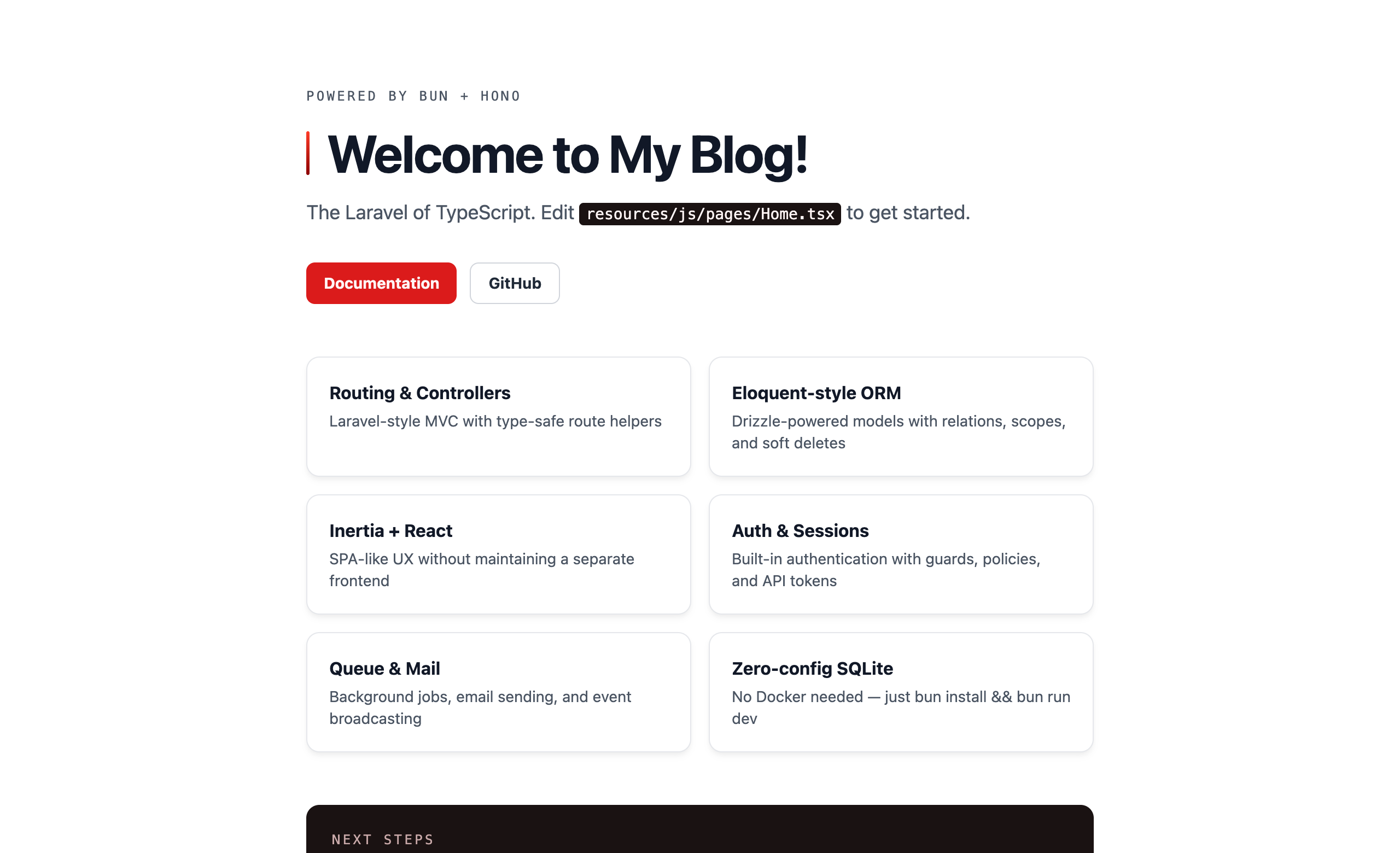 The welcome page in the browser: a "Welcome to My Blog!" heading above six cards — Routing & Controllers, Eloquent-style ORM, Inertia + React, Auth & Sessions, Queue & Mail, and Zero-config SQLite